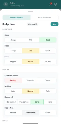 CoPa Bridge Note with quick-tap fields for sleep, mood, food, hygiene, and medication at each custody handoff