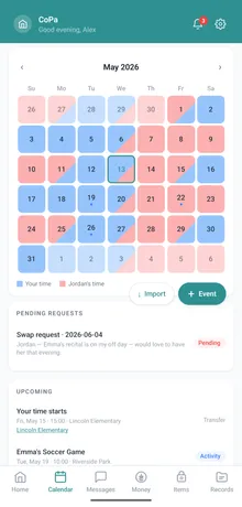 CoPa custody calendar with color-coded days