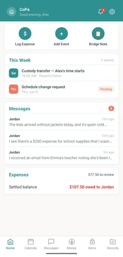 CoPa home screen showing messages arriving via SMS Relay from a co-parent who doesn't use the app