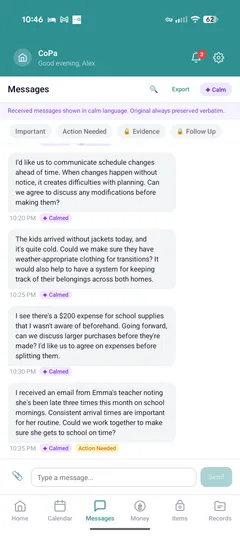 CoPa messaging screen with Calm Reading active