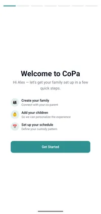 CoPa onboarding screen with custody schedule template picker